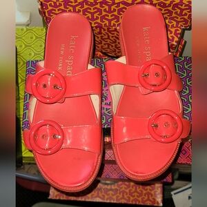 Kate Spade Designer Leather Rhodes Buckle Red Sandals Slides Sz 10